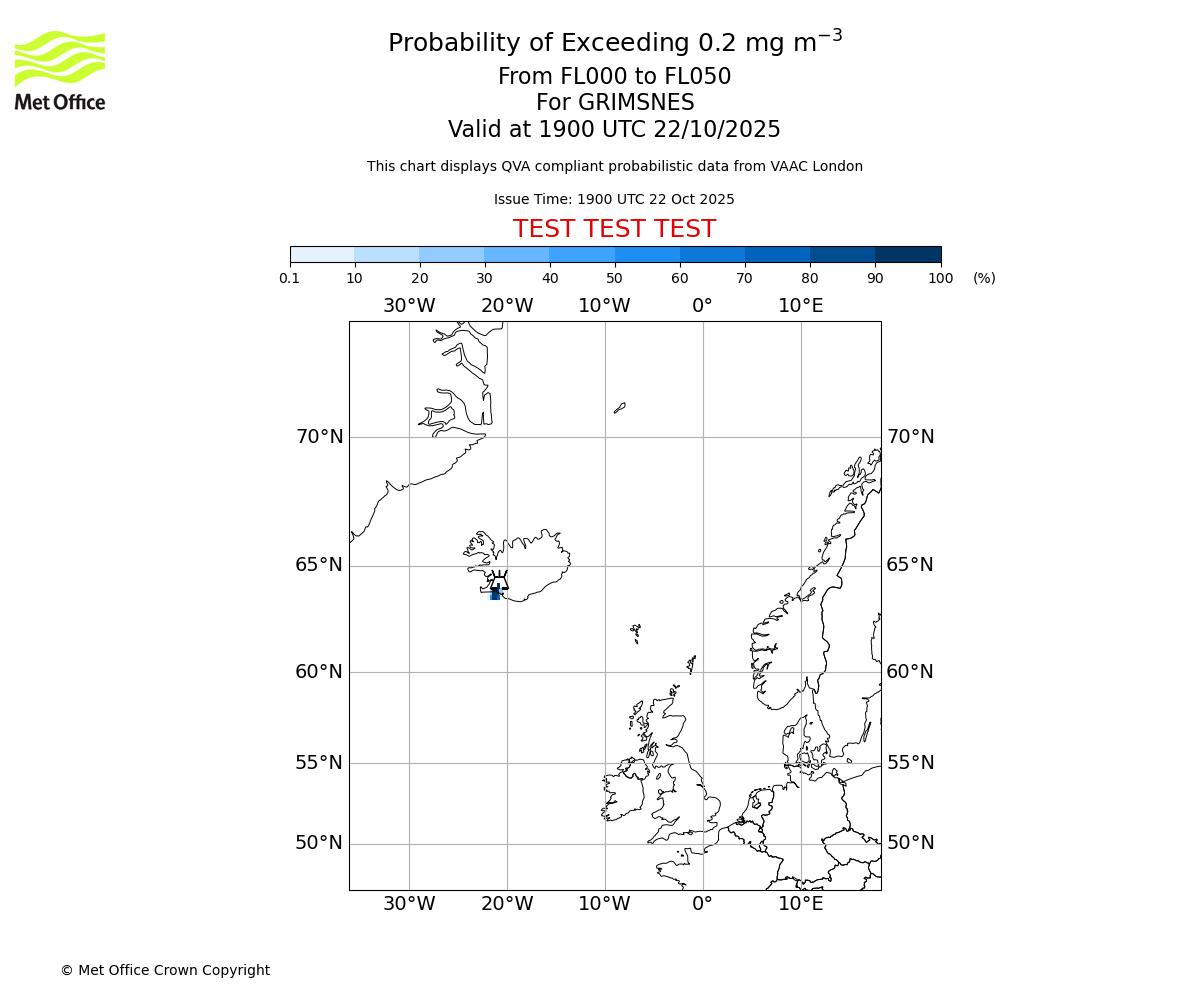 Probability of exceeding 0.2 milligrams per metre cubed. From 000 to 050 for GRIMSNES. Valid at 1900 UTC 22/10/2025