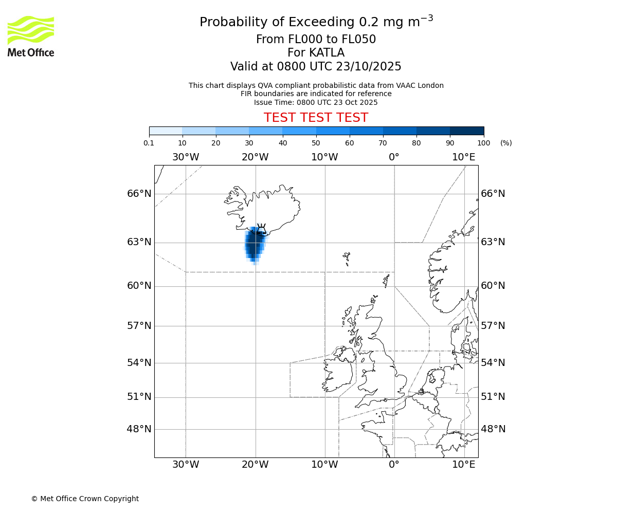 Probability of exceeding 0.2 milligrams per metre cubed. From 000 to 050 for KATLA. Valid at 0800 UTC 23/10/2025