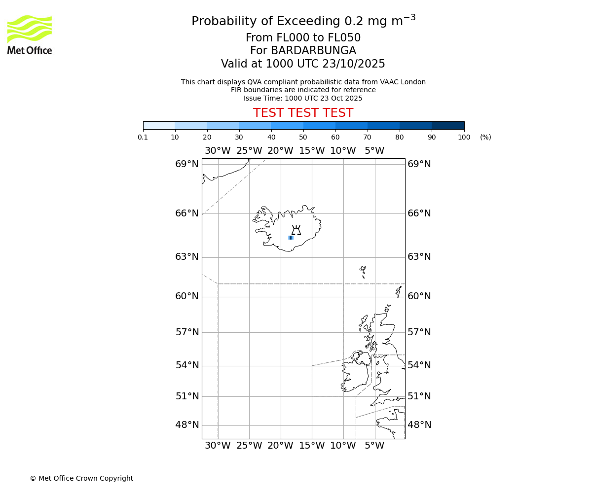 Probability of exceeding 0.2 milligrams per metre cubed. From 000 to 050 for BARDARBUNGA. Valid at 1000 UTC 23/10/2025
