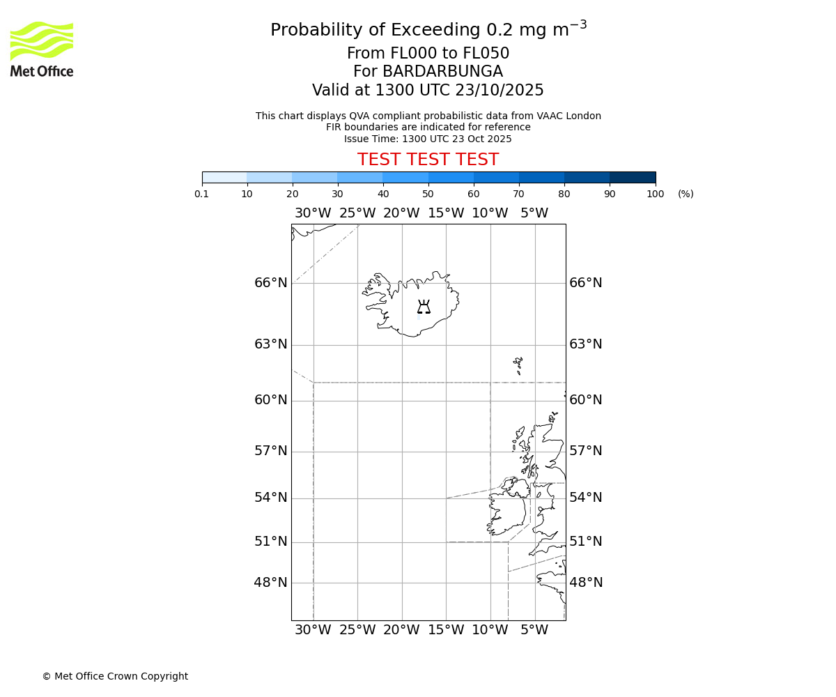 Probability of exceeding 0.2 milligrams per metre cubed. From 000 to 050 for BARDARBUNGA. Valid at 1300 UTC 23/10/2025