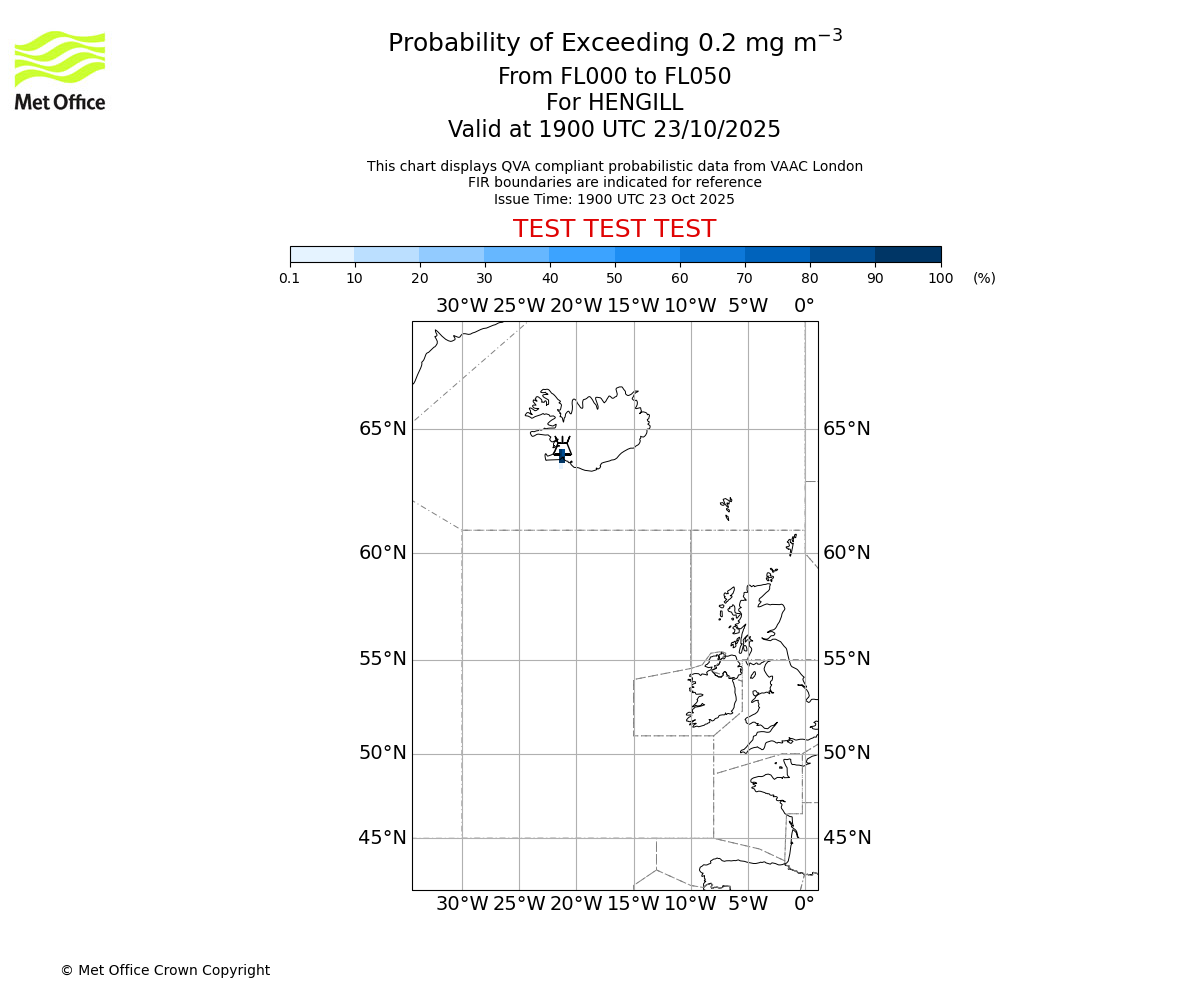Probability of exceeding 0.2 milligrams per metre cubed. From 000 to 050 for HENGILL. Valid at 1900 UTC 23/10/2025