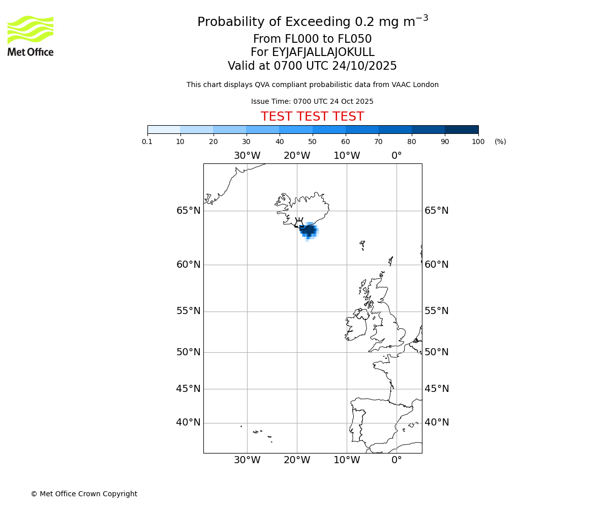 Probability of exceeding 0.2 milligrams per metre cubed. From 000 to 050 for EYJAFJALLAJOKULL. Valid at 0700 UTC 24/10/2025