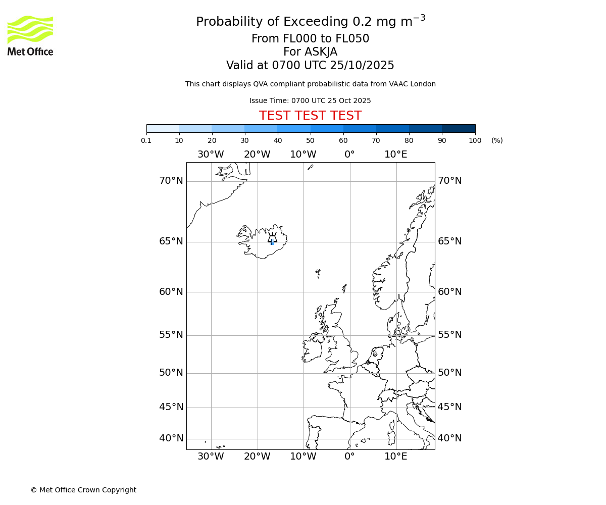 Probability of exceeding 0.2 milligrams per metre cubed. From 000 to 050 for ASKJA. Valid at 0700 UTC 25/10/2025