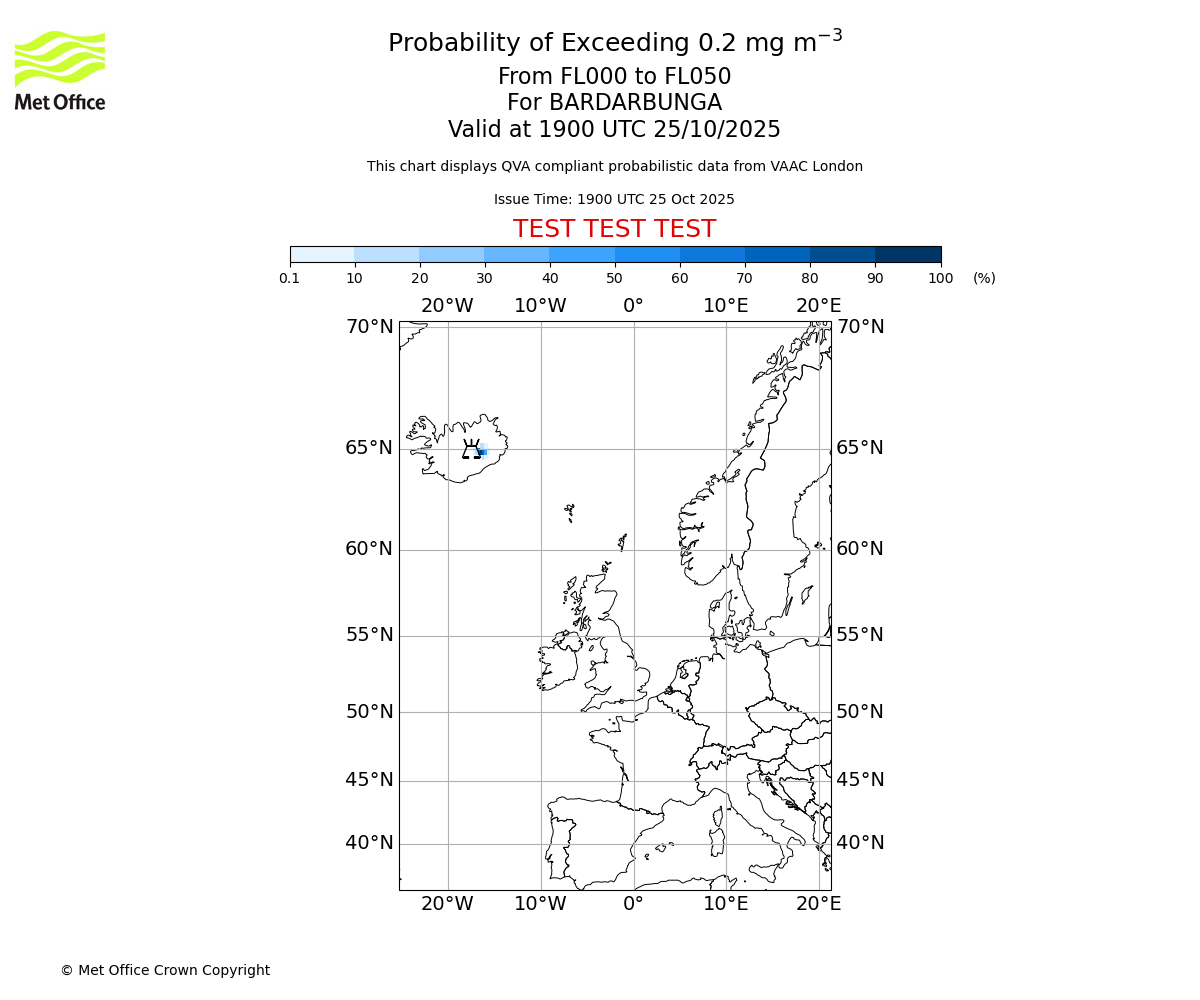 Probability of exceeding 0.2 milligrams per metre cubed. From 000 to 050 for BARDARBUNGA. Valid at 1900 UTC 25/10/2025