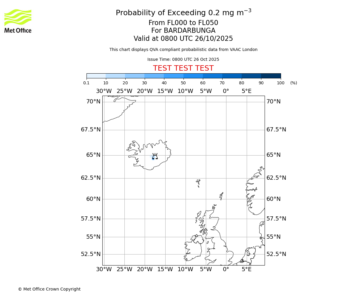 Probability of exceeding 0.2 milligrams per metre cubed. From 000 to 050 for BARDARBUNGA. Valid at 0800 UTC 26/10/2025