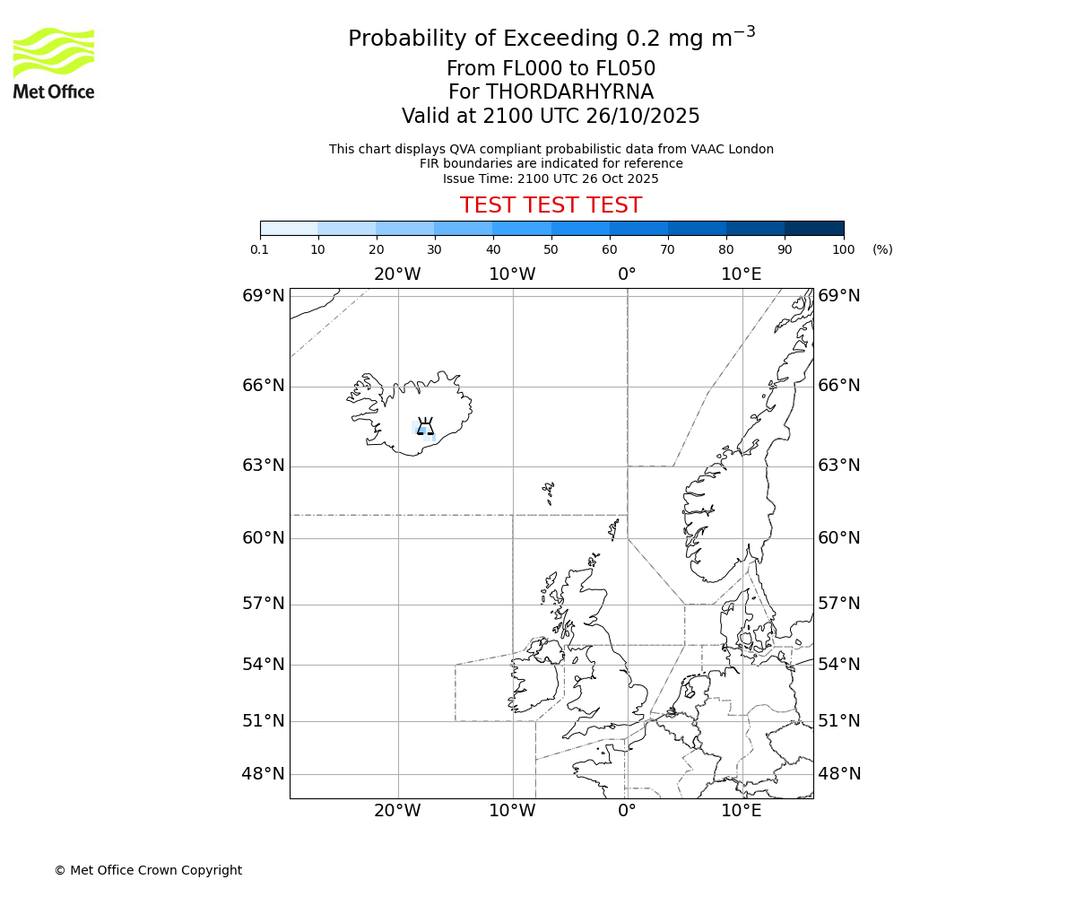 Probability of exceeding 0.2 milligrams per metre cubed. From 000 to 050 for THORDARHYRNA. Valid at 2100 UTC 26/10/2025