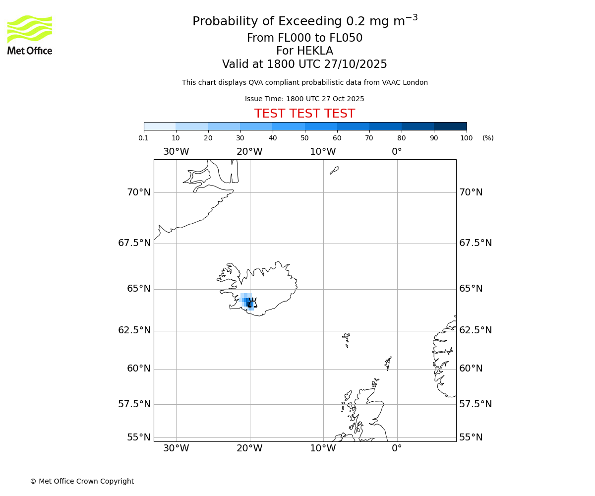 Probability of exceeding 0.2 milligrams per metre cubed. From 000 to 050 for HEKLA. Valid at 1800 UTC 27/10/2025