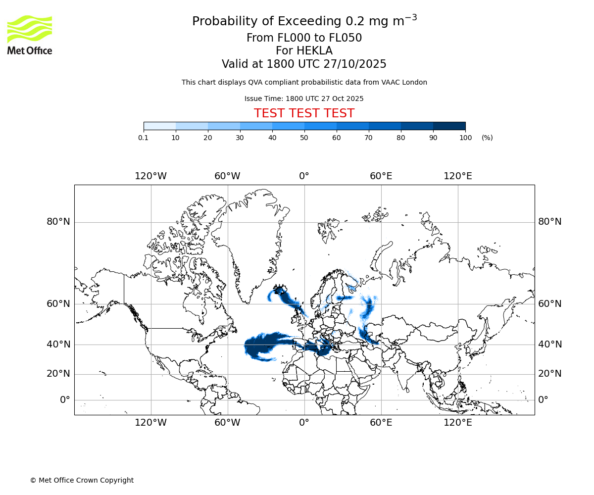 Probability of exceeding 0.2 milligrams per metre cubed. From 000 to 050 for HEKLA. Valid at 1800 UTC 27/10/2025