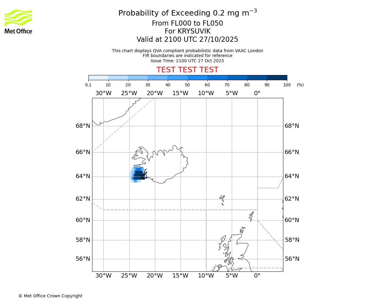 Probability of exceeding 0.2 milligrams per metre cubed. From 000 to 050 for KRYSUVIK. Valid at 2100 UTC 27/10/2025