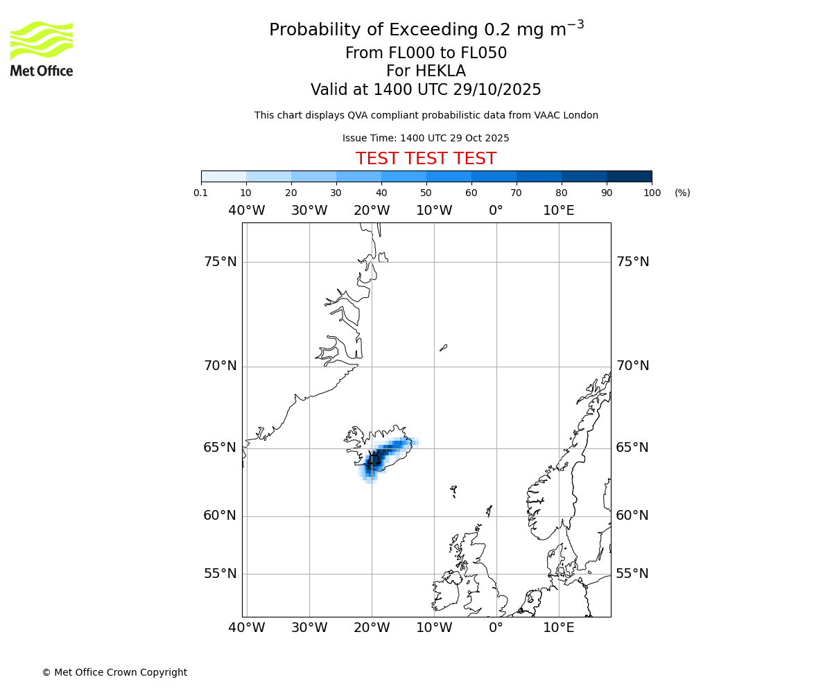 Probability of exceeding 0.2 milligrams per metre cubed. From 000 to 050 for HEKLA. Valid at 1400 UTC 29/10/2025