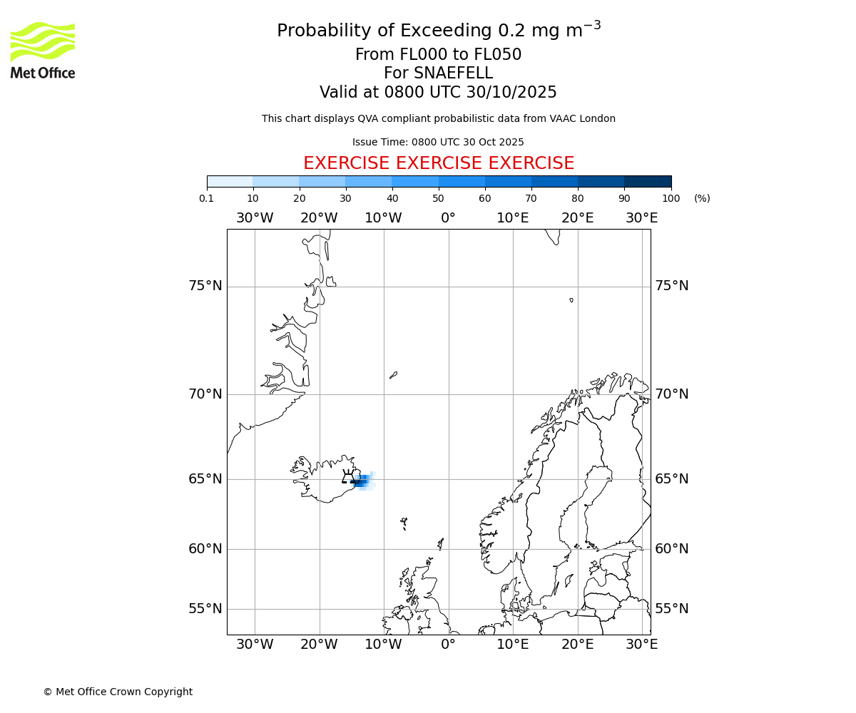 Probability of exceeding 0.2 milligrams per metre cubed. From 000 to 050 for SNAEFELL. Valid at 0800 UTC 30/10/2025