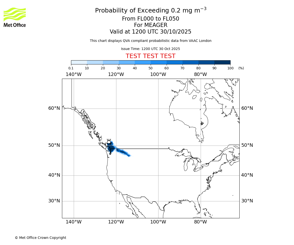 Probability of exceeding 0.2 milligrams per metre cubed. From 000 to 050 for MEAGER. Valid at 1200 UTC 30/10/2025