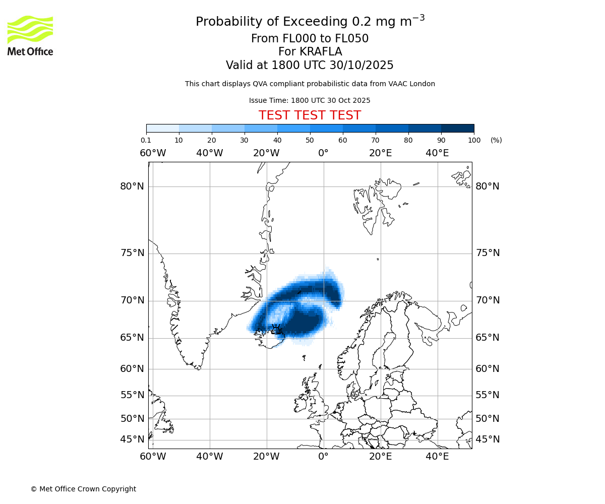 Probability of exceeding 0.2 milligrams per metre cubed. From 000 to 050 for KRAFLA. Valid at 1800 UTC 30/10/2025
