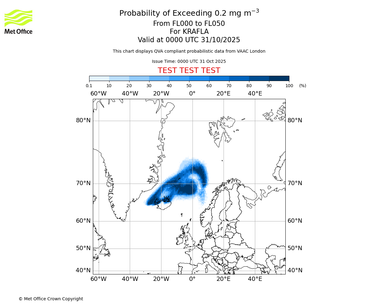Probability of exceeding 0.2 milligrams per metre cubed. From 000 to 050 for KRAFLA. Valid at 0000 UTC 31/10/2025
