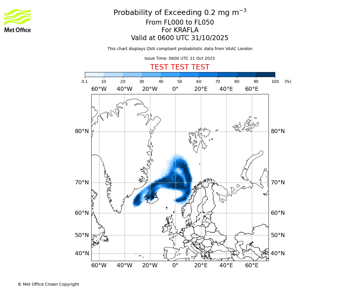 Probability of exceeding 0.2 milligrams per metre cubed. From 000 to 050 for KRAFLA. Valid at 0600 UTC 31/10/2025