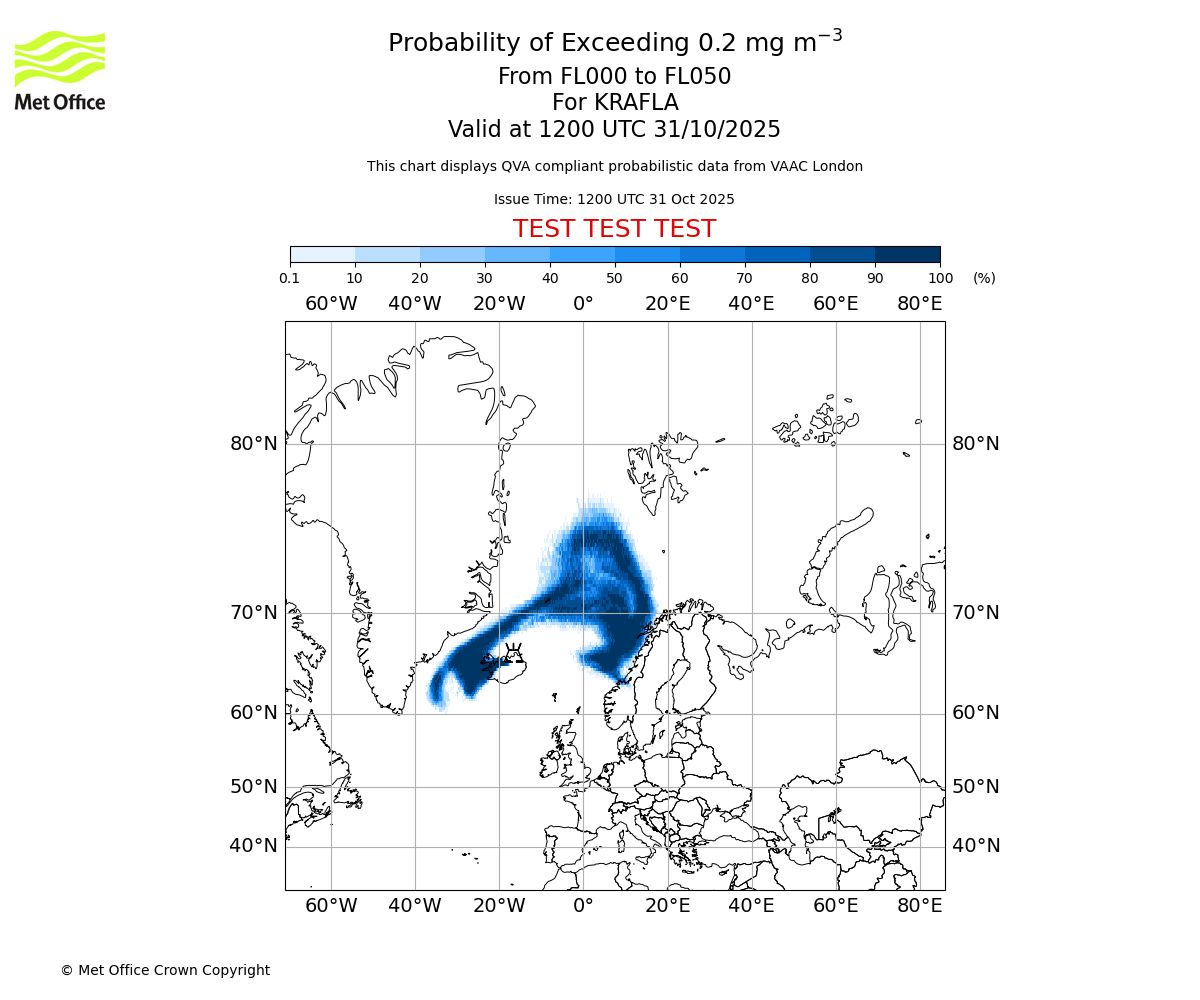 Probability of exceeding 0.2 milligrams per metre cubed. From 000 to 050 for KRAFLA. Valid at 1200 UTC 31/10/2025