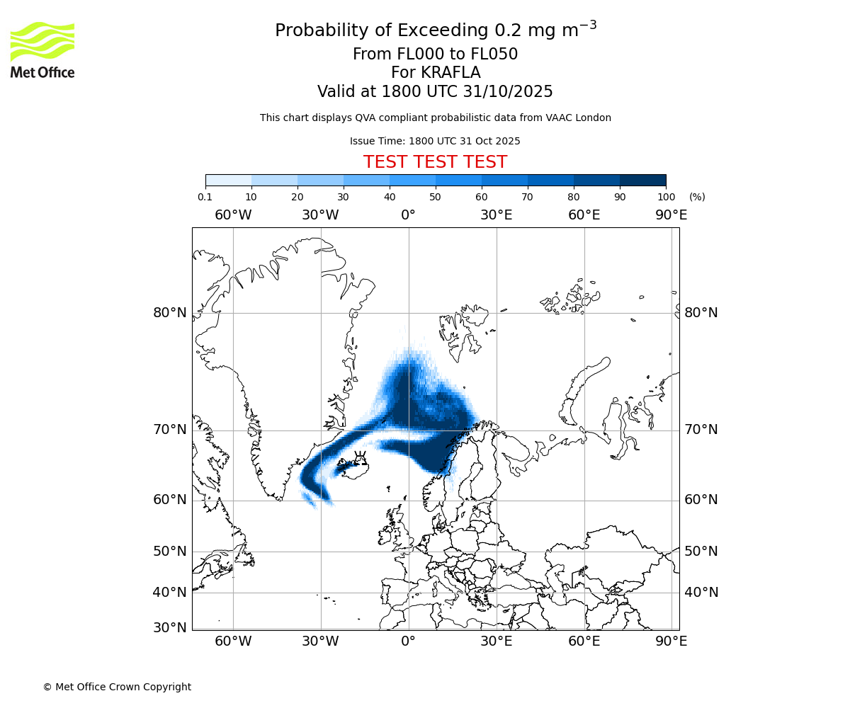 Probability of exceeding 0.2 milligrams per metre cubed. From 000 to 050 for KRAFLA. Valid at 1800 UTC 31/10/2025