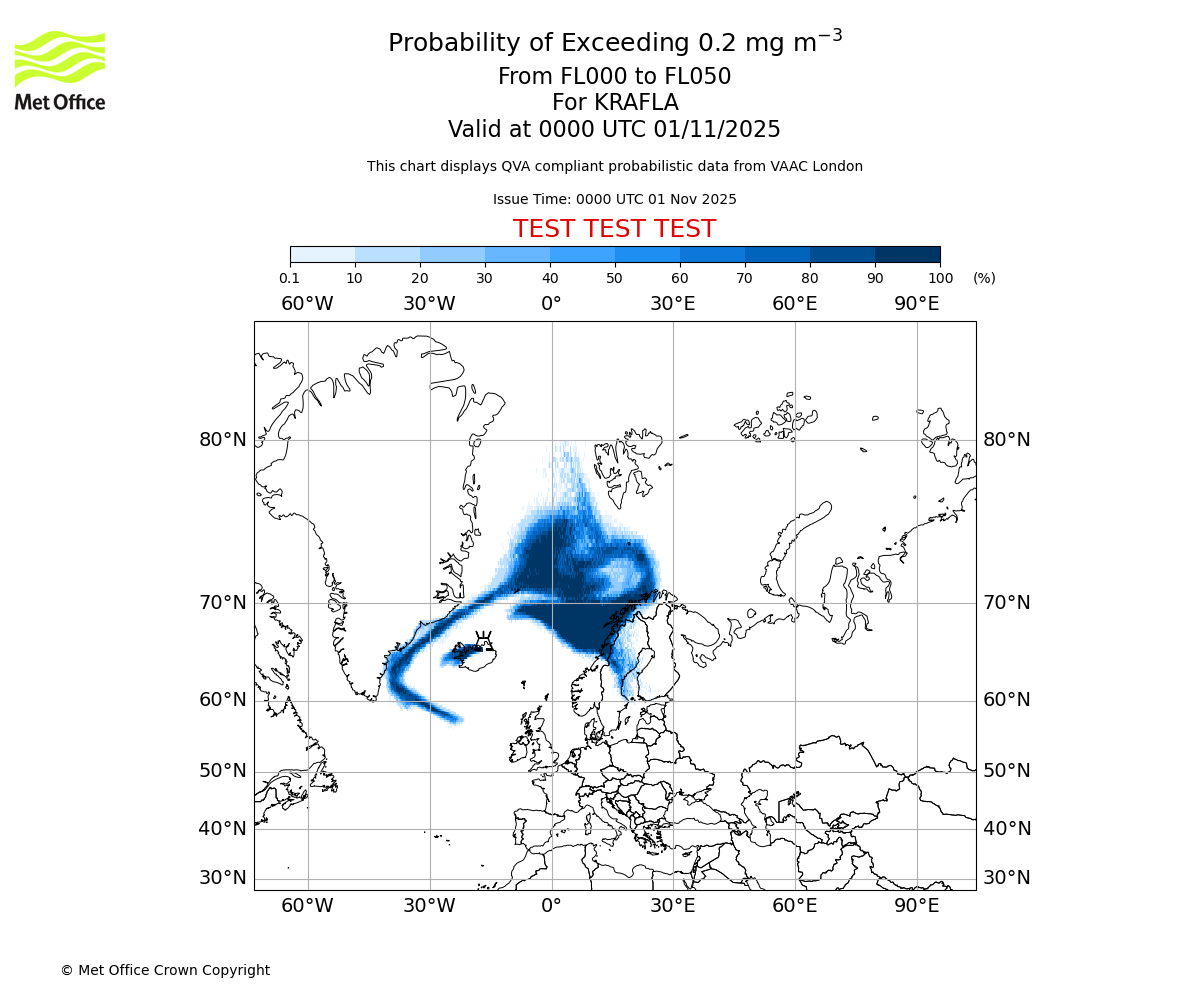 Probability of exceeding 0.2 milligrams per metre cubed. From 000 to 050 for KRAFLA. Valid at 0000 UTC 01/11/2025