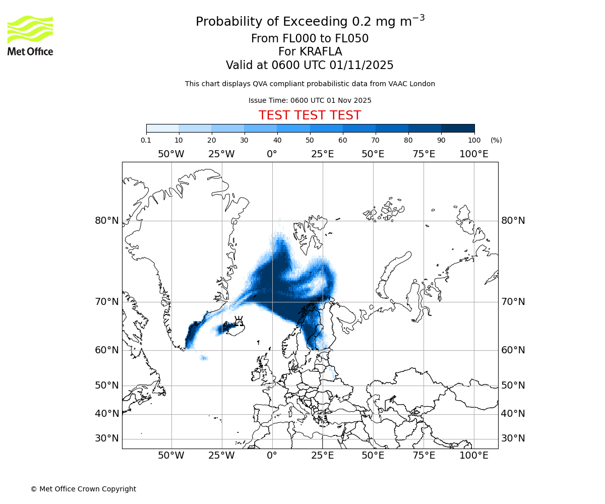 Probability of exceeding 0.2 milligrams per metre cubed. From 000 to 050 for KRAFLA. Valid at 0600 UTC 01/11/2025