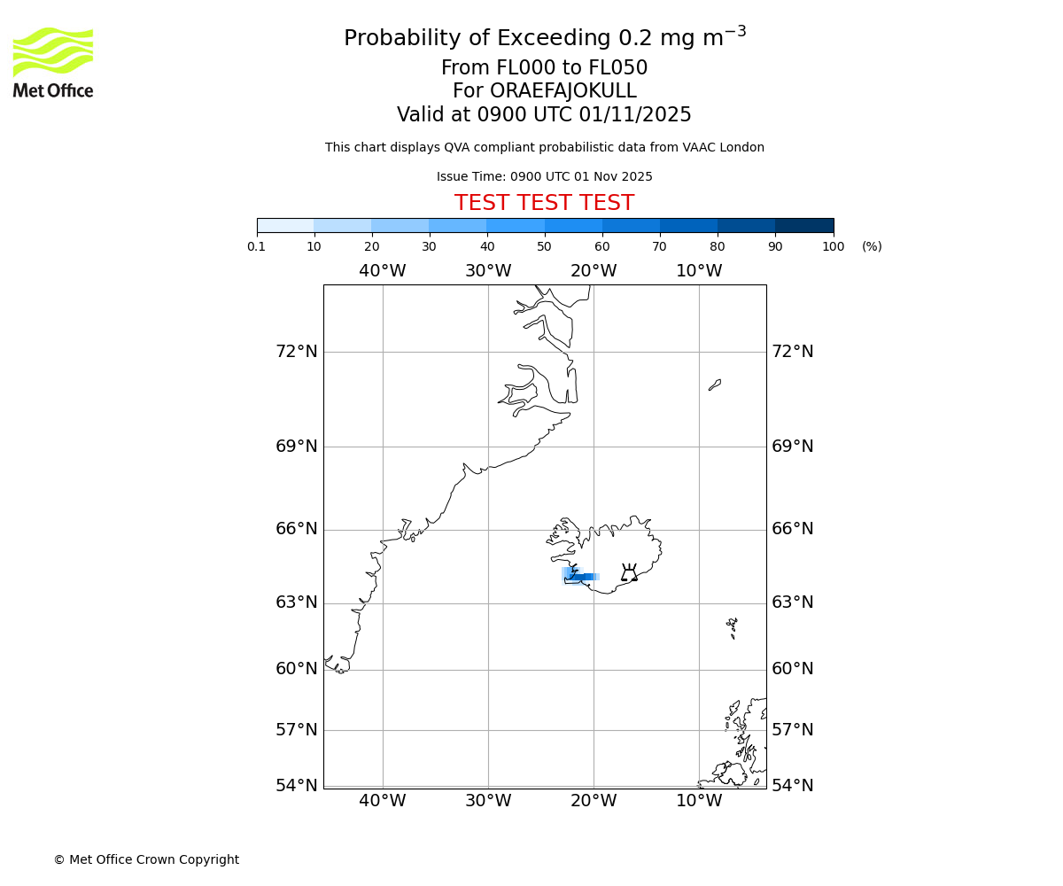 Probability of exceeding 0.2 milligrams per metre cubed. From 000 to 050 for ORAEFAJOKULL. Valid at 0900 UTC 01/11/2025