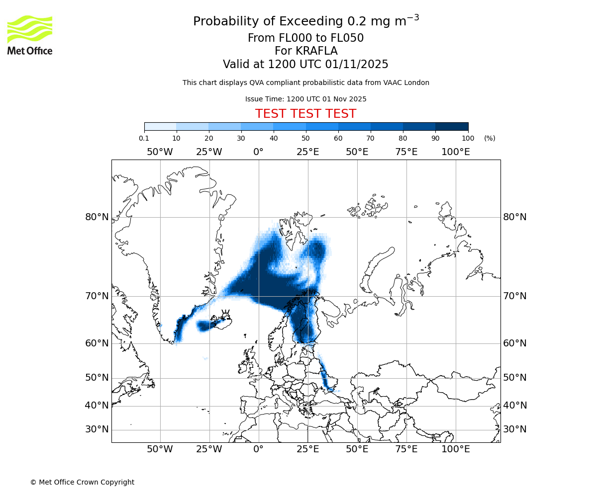 Probability of exceeding 0.2 milligrams per metre cubed. From 000 to 050 for KRAFLA. Valid at 1200 UTC 01/11/2025