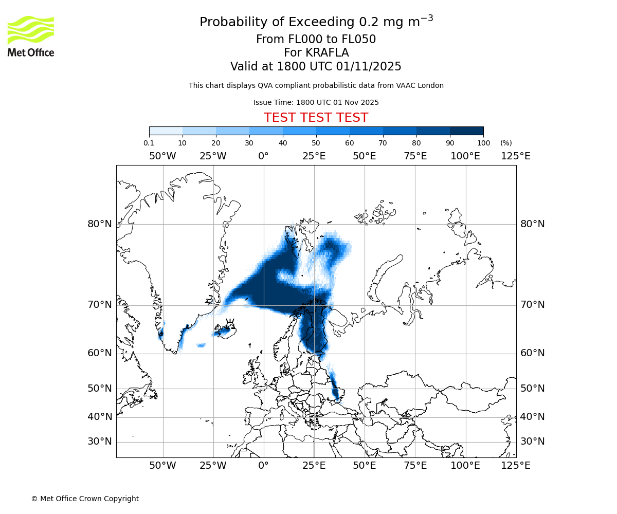 Probability of exceeding 0.2 milligrams per metre cubed. From 000 to 050 for KRAFLA. Valid at 1800 UTC 01/11/2025