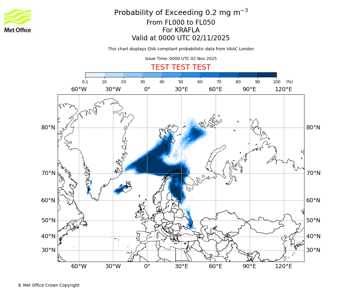 Probability of exceeding 0.2 milligrams per metre cubed. From 000 to 050 for KRAFLA. Valid at 0000 UTC 02/11/2025