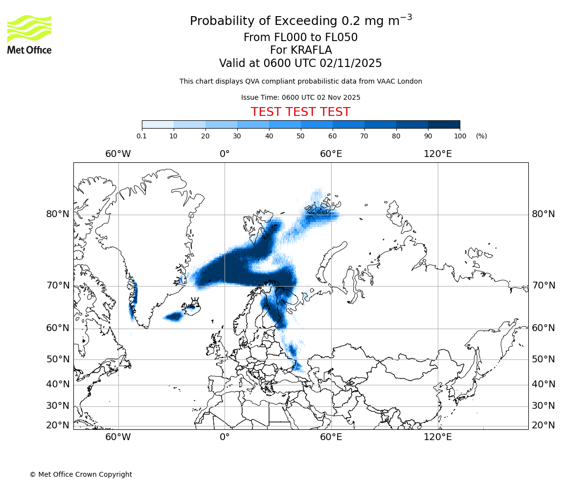 Probability of exceeding 0.2 milligrams per metre cubed. From 000 to 050 for KRAFLA. Valid at 0600 UTC 02/11/2025