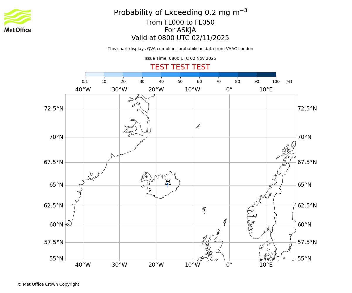 Probability of exceeding 0.2 milligrams per metre cubed. From 000 to 050 for ASKJA. Valid at 0800 UTC 02/11/2025