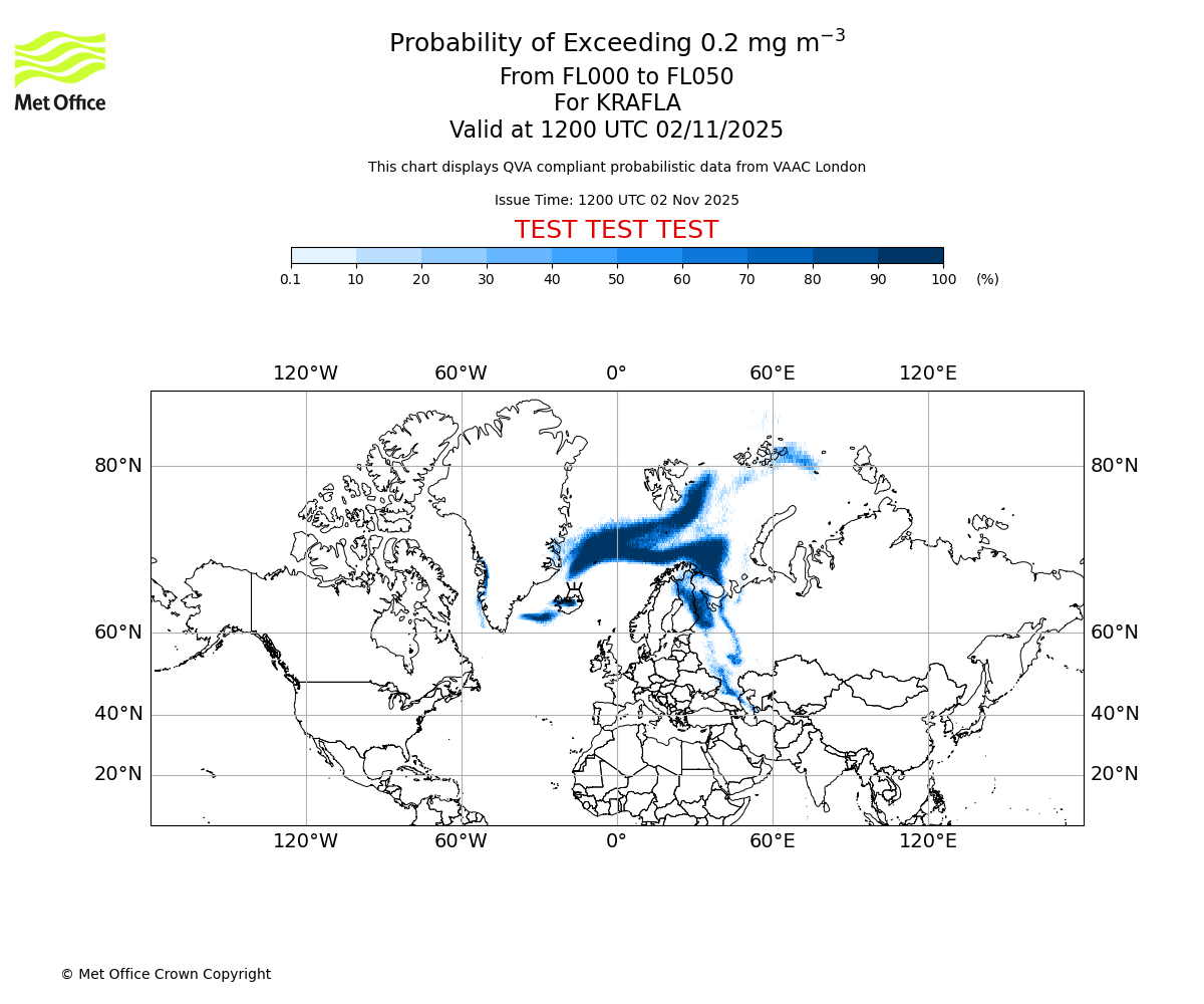 Probability of exceeding 0.2 milligrams per metre cubed. From 000 to 050 for KRAFLA. Valid at 1200 UTC 02/11/2025