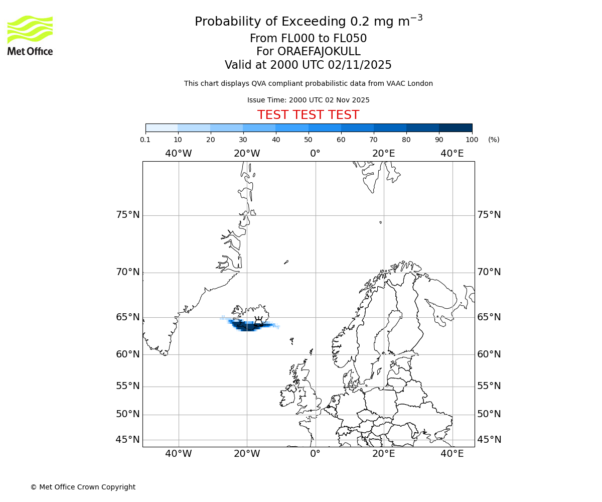 Probability of exceeding 0.2 milligrams per metre cubed. From 000 to 050 for ORAEFAJOKULL. Valid at 2000 UTC 02/11/2025