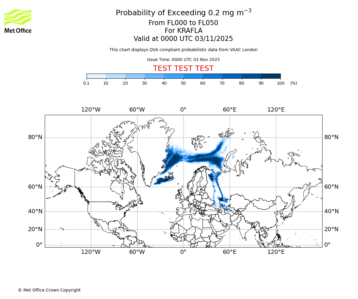 Probability of exceeding 0.2 milligrams per metre cubed. From 000 to 050 for KRAFLA. Valid at 0000 UTC 03/11/2025