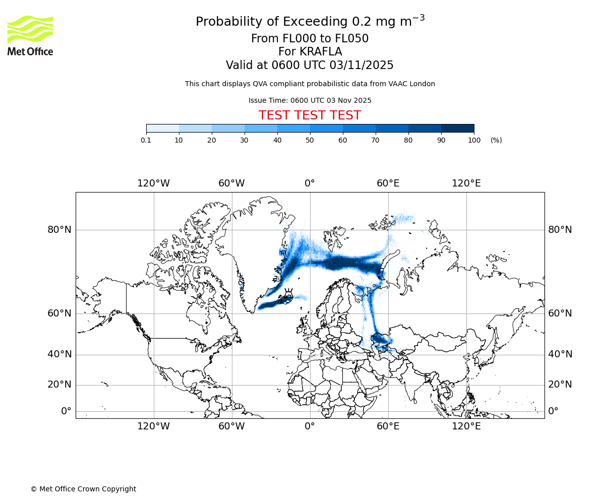 Probability of exceeding 0.2 milligrams per metre cubed. From 000 to 050 for KRAFLA. Valid at 0600 UTC 03/11/2025