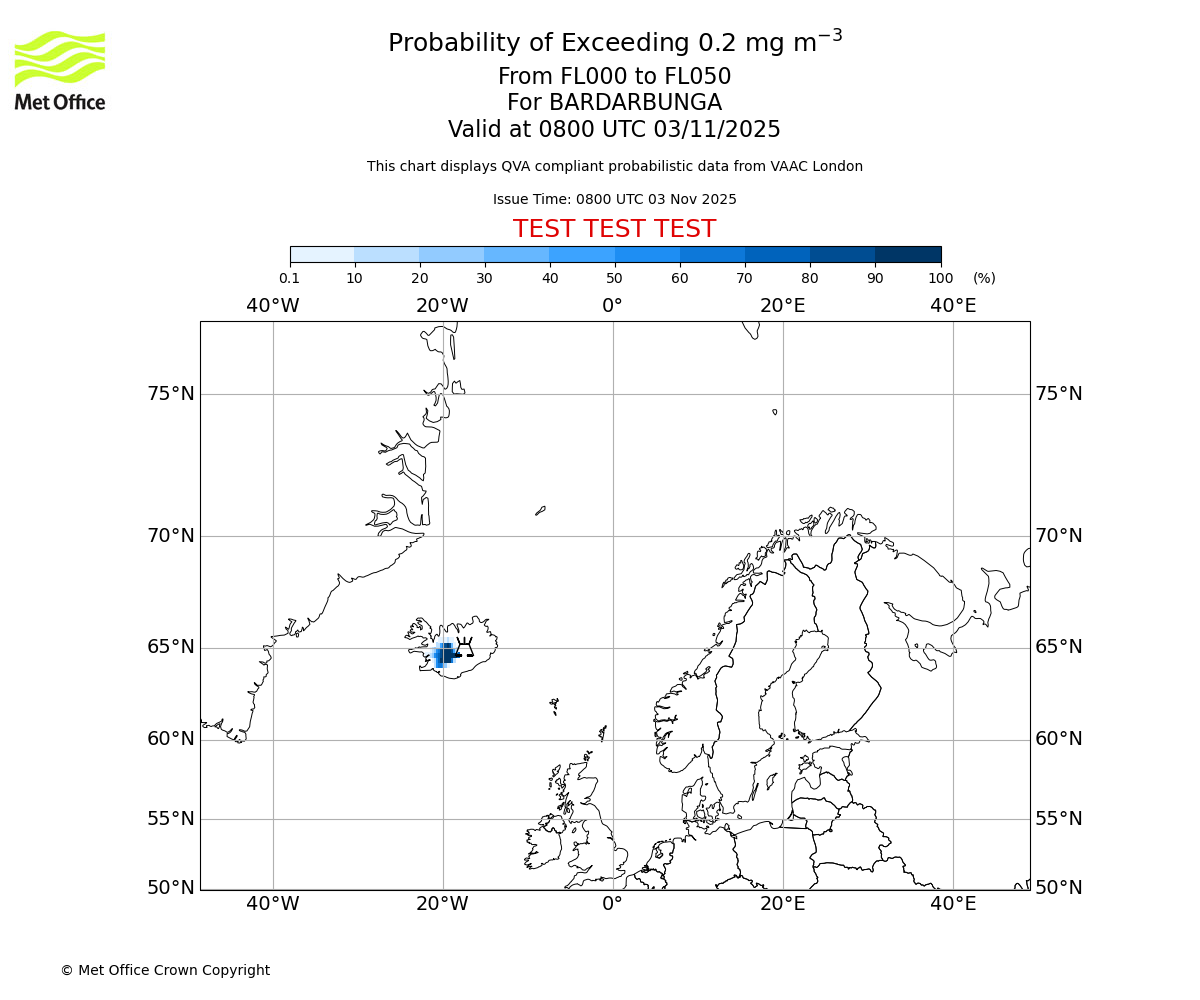 Probability of exceeding 0.2 milligrams per metre cubed. From 000 to 050 for BARDARBUNGA. Valid at 0800 UTC 03/11/2025