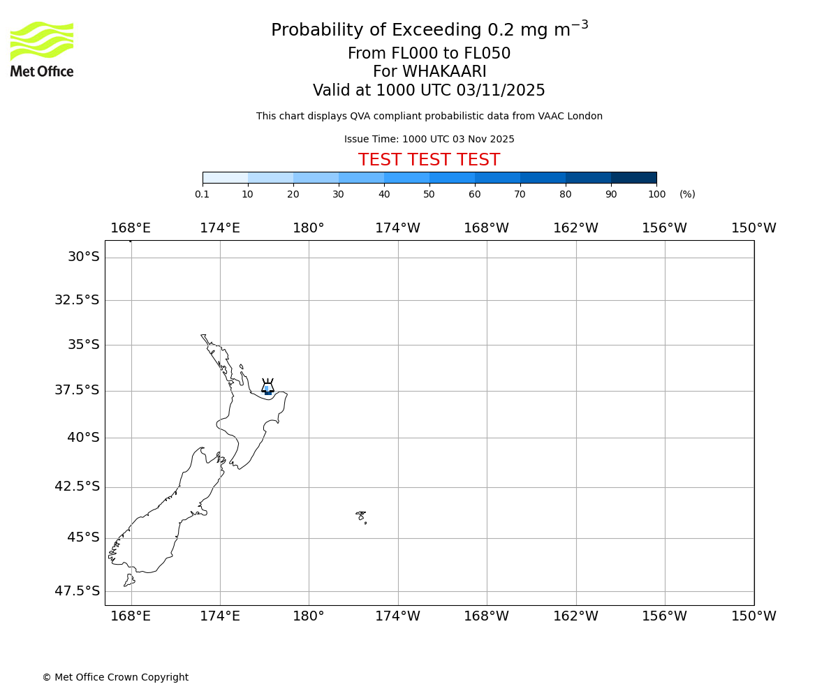 Probability of exceeding 0.2 milligrams per metre cubed. From 000 to 050 for WHAKAARI. Valid at 1000 UTC 03/11/2025