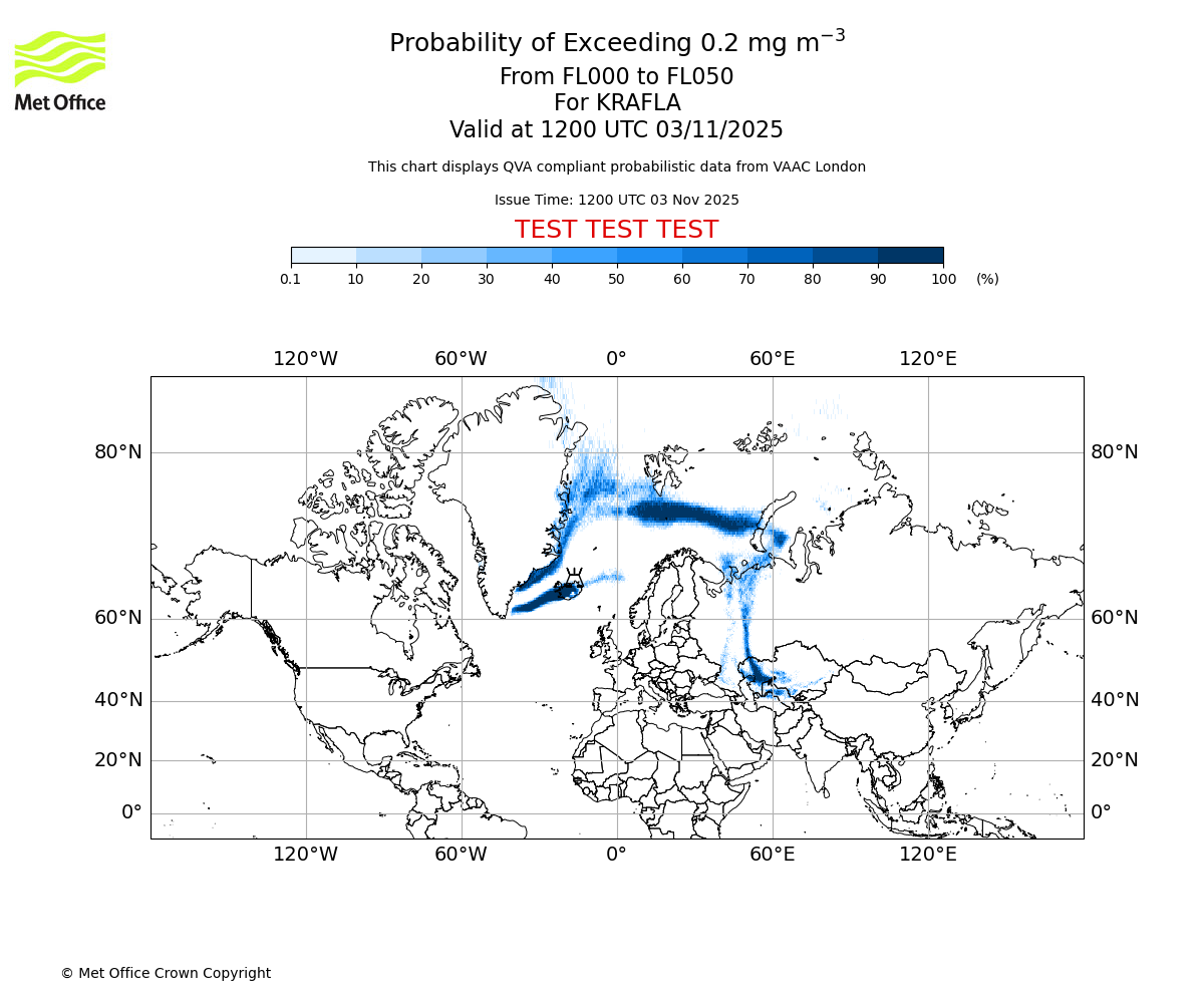 Probability of exceeding 0.2 milligrams per metre cubed. From 000 to 050 for KRAFLA. Valid at 1200 UTC 03/11/2025