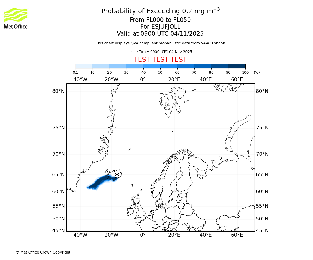 Probability of exceeding 0.2 milligrams per metre cubed. From 000 to 050 for ESJUFJOLL. Valid at 0900 UTC 04/11/2025