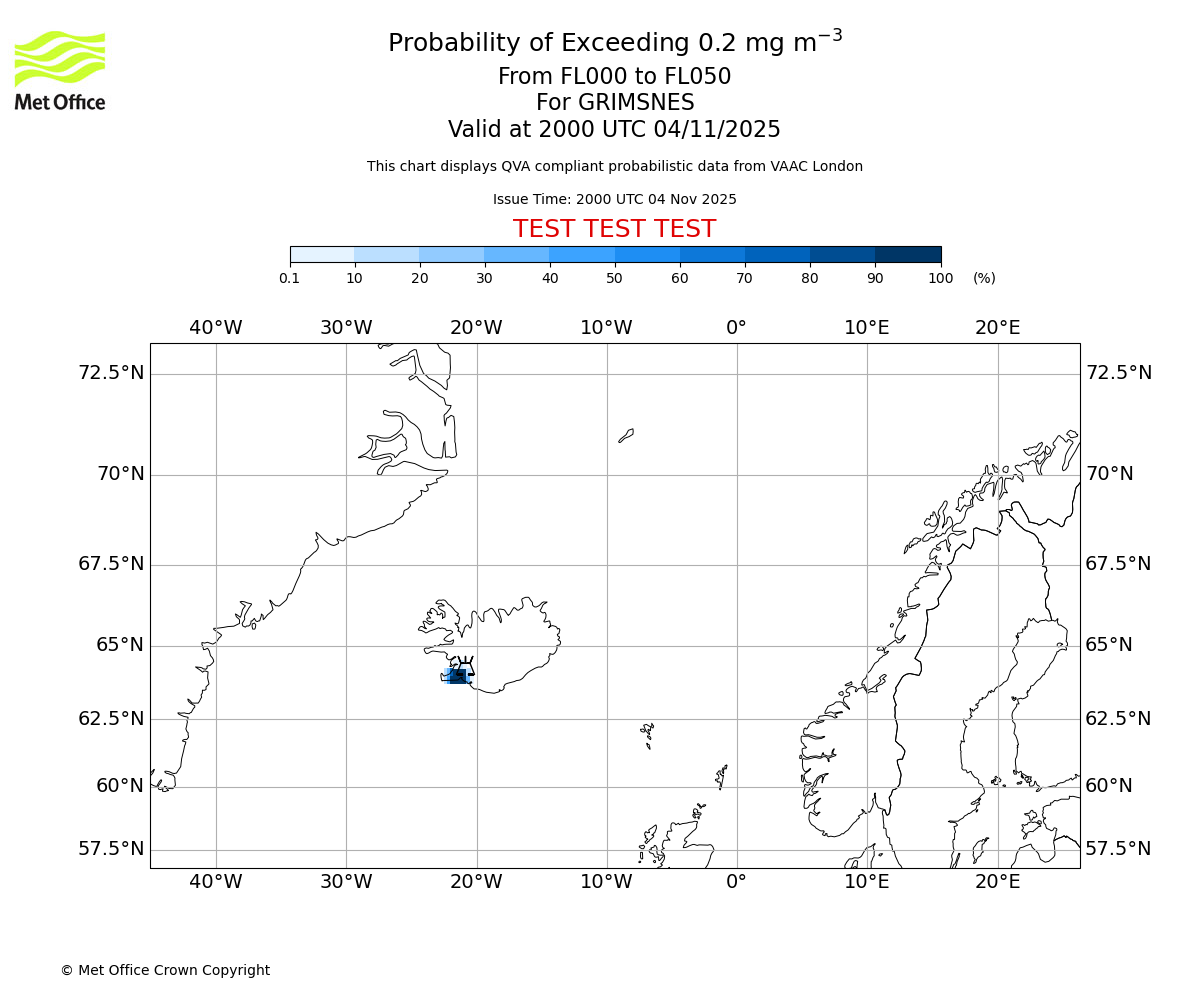 Probability of exceeding 0.2 milligrams per metre cubed. From 000 to 050 for GRIMSNES. Valid at 2000 UTC 04/11/2025