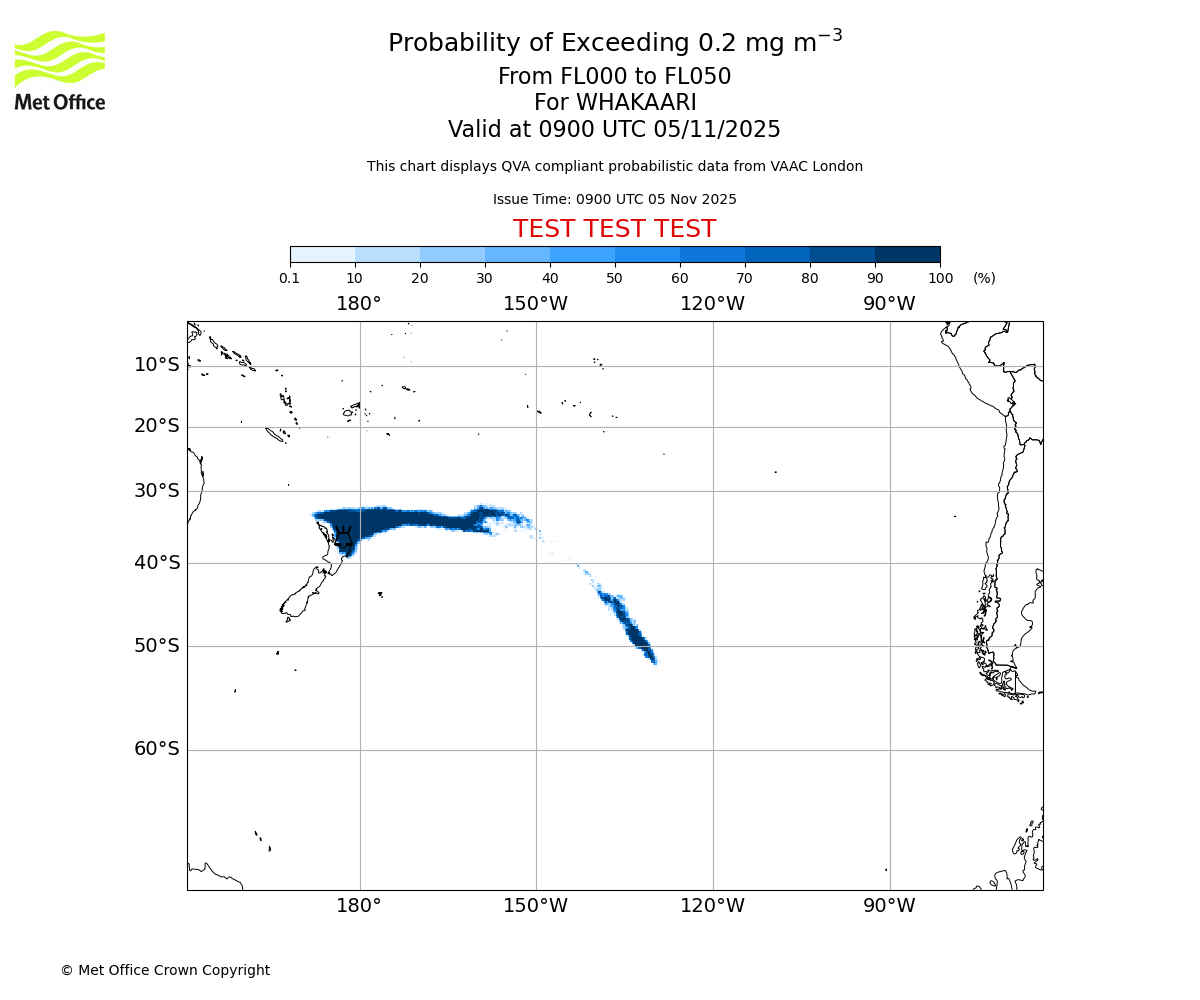 Probability of exceeding 0.2 milligrams per metre cubed. From 000 to 050 for WHAKAARI. Valid at 0900 UTC 05/11/2025