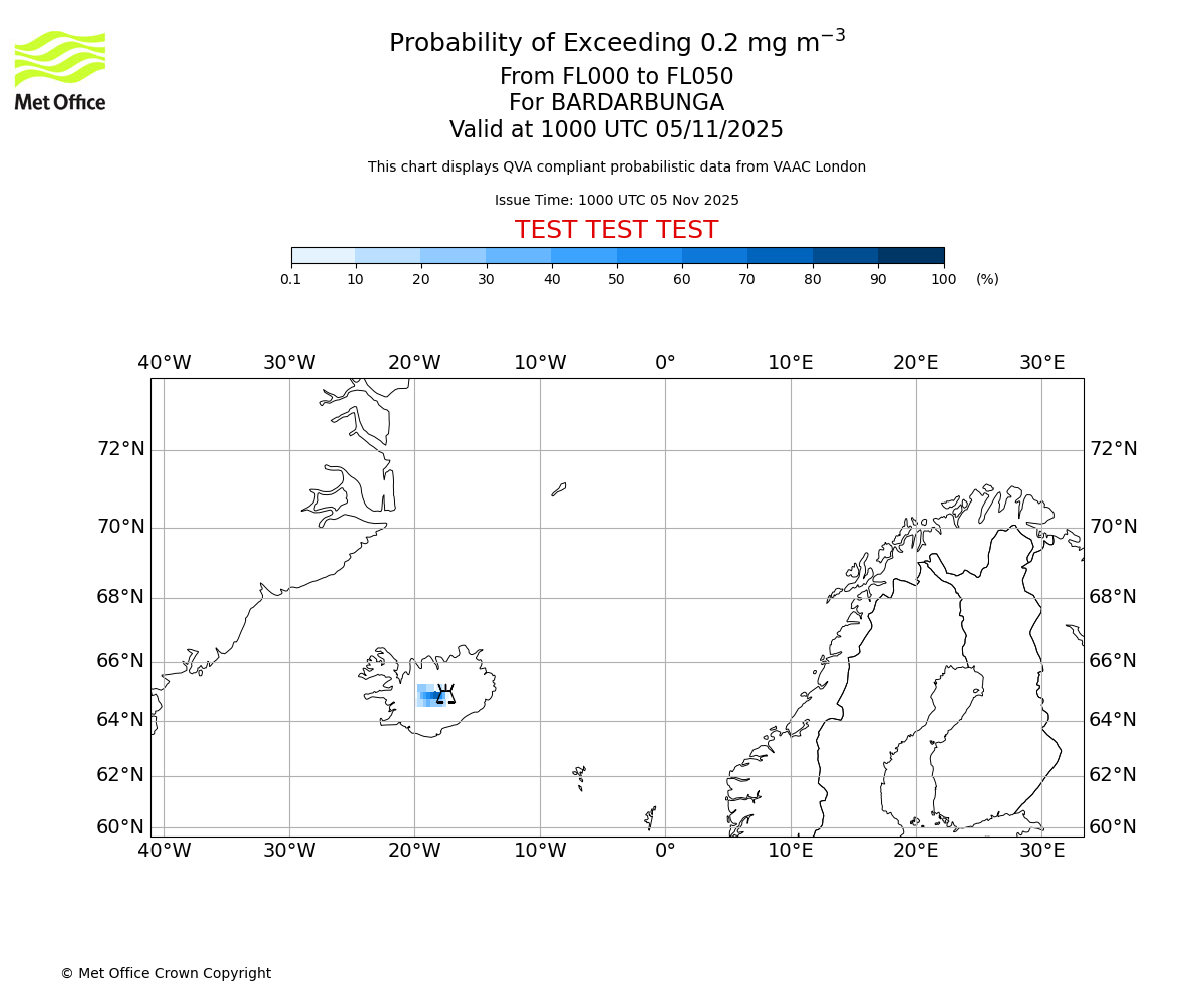 Probability of exceeding 0.2 milligrams per metre cubed. From 000 to 050 for BARDARBUNGA. Valid at 1000 UTC 05/11/2025