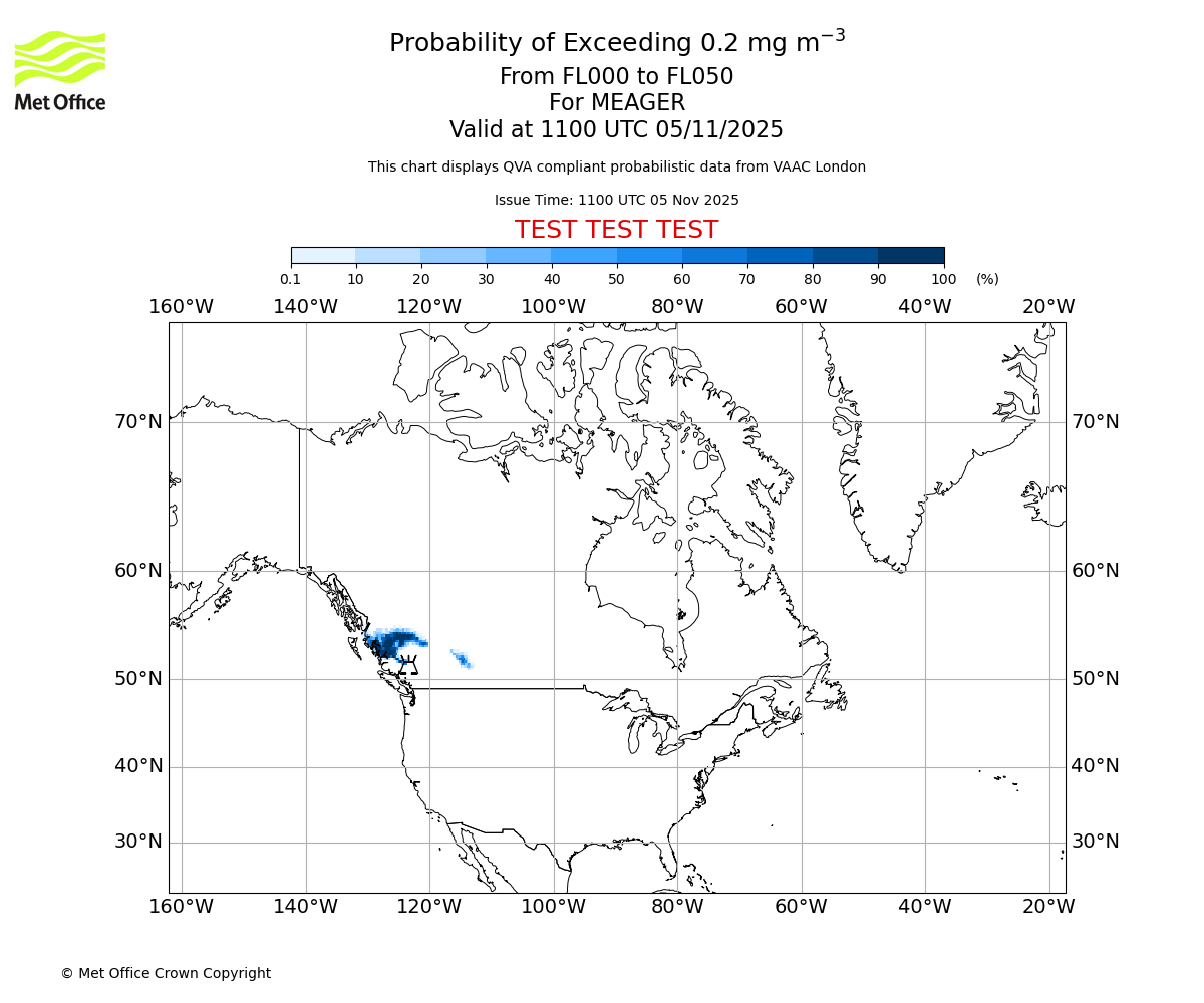 Probability of exceeding 0.2 milligrams per metre cubed. From 000 to 050 for MEAGER. Valid at 1100 UTC 05/11/2025