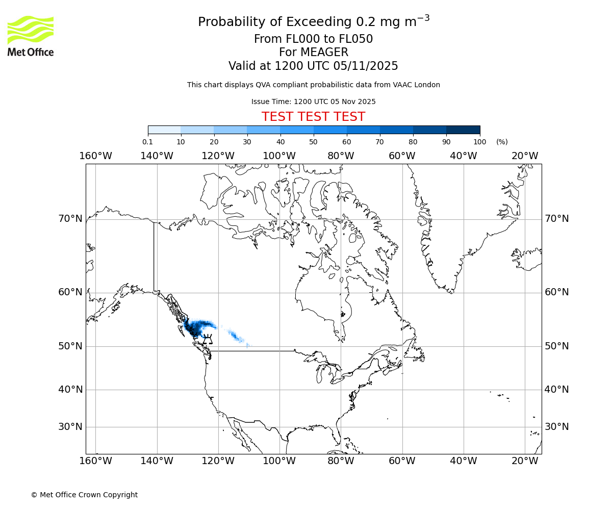 Probability of exceeding 0.2 milligrams per metre cubed. From 000 to 050 for MEAGER. Valid at 1200 UTC 05/11/2025