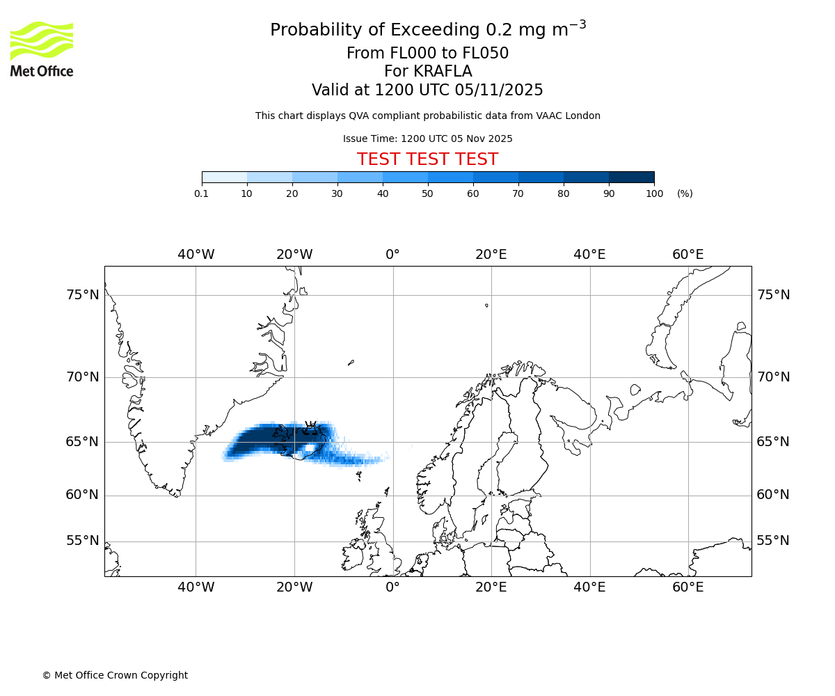 Probability of exceeding 0.2 milligrams per metre cubed. From 000 to 050 for KRAFLA. Valid at 1200 UTC 05/11/2025
