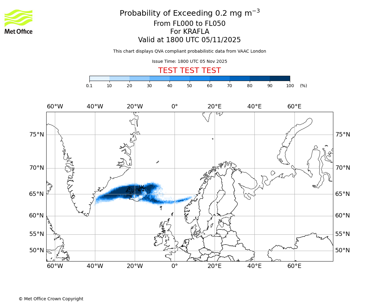 Probability of exceeding 0.2 milligrams per metre cubed. From 000 to 050 for KRAFLA. Valid at 1800 UTC 05/11/2025