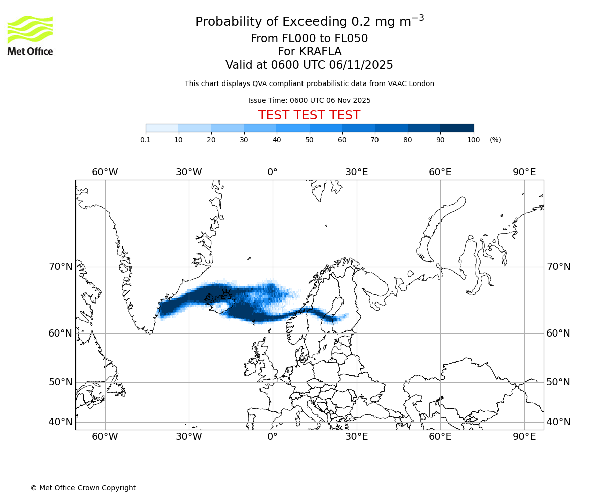 Probability of exceeding 0.2 milligrams per metre cubed. From 000 to 050 for KRAFLA. Valid at 0600 UTC 06/11/2025