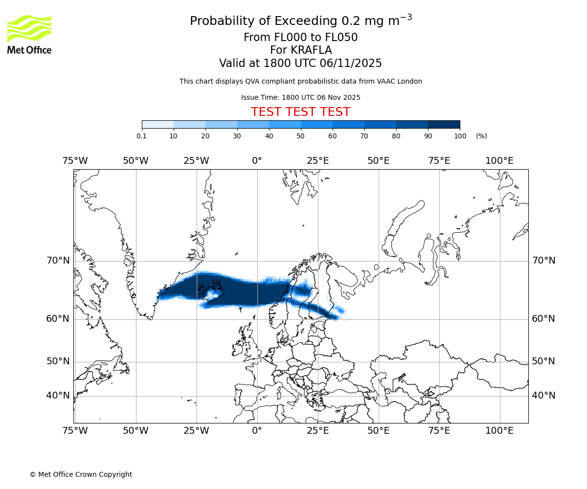 Probability of exceeding 0.2 milligrams per metre cubed. From 000 to 050 for KRAFLA. Valid at 1800 UTC 06/11/2025