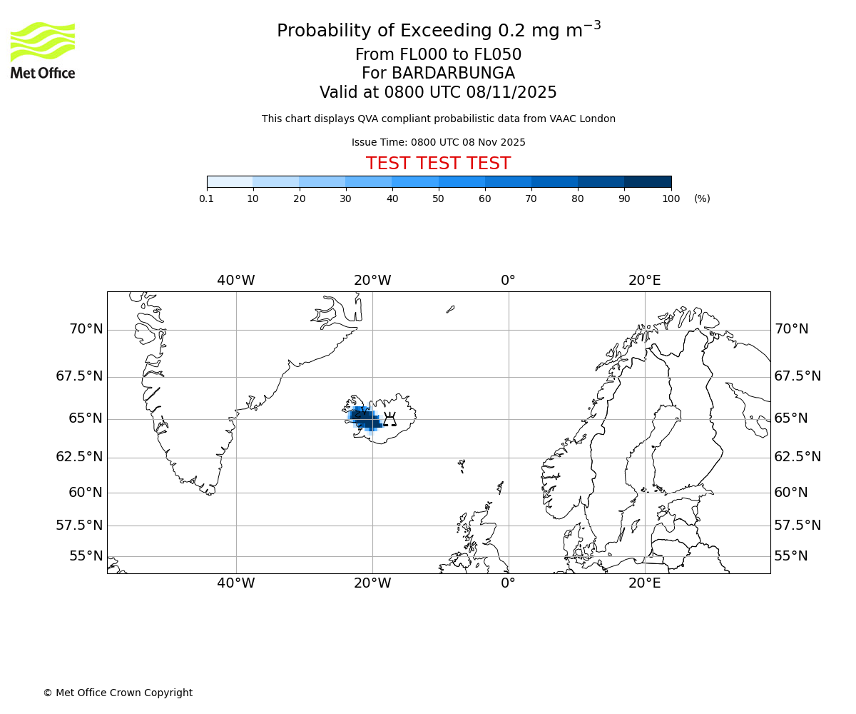 Probability of exceeding 0.2 milligrams per metre cubed. From 000 to 050 for BARDARBUNGA. Valid at 0800 UTC 08/11/2025
