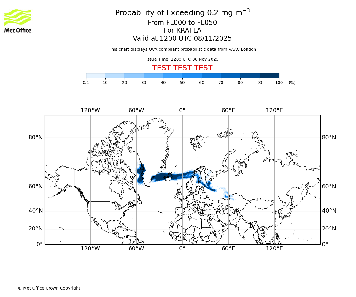 Probability of exceeding 0.2 milligrams per metre cubed. From 000 to 050 for KRAFLA. Valid at 1200 UTC 08/11/2025