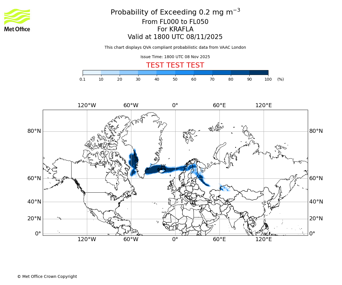 Probability of exceeding 0.2 milligrams per metre cubed. From 000 to 050 for KRAFLA. Valid at 1800 UTC 08/11/2025