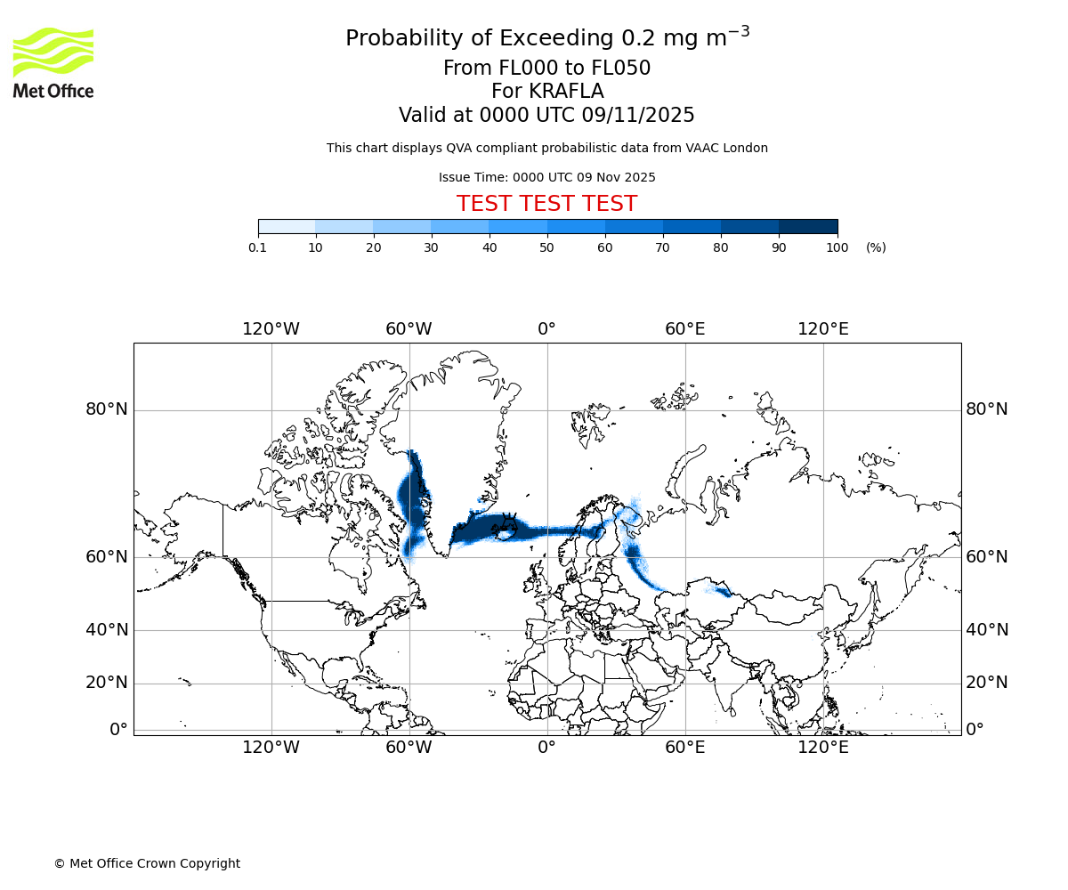 Probability of exceeding 0.2 milligrams per metre cubed. From 000 to 050 for KRAFLA. Valid at 0000 UTC 09/11/2025